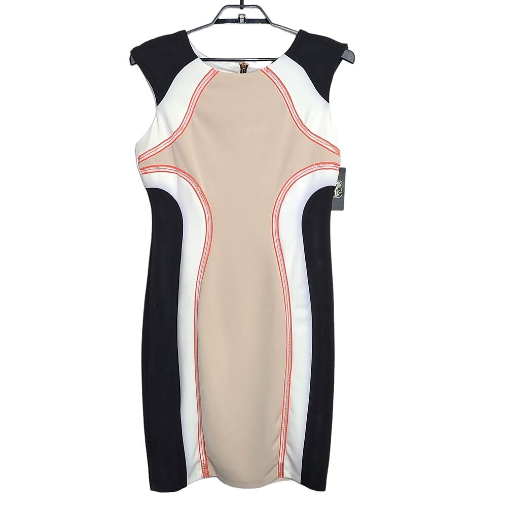 Jax Sheath Dress Size 14 Black Stretch Tan Embroidered Sleeveless NEW